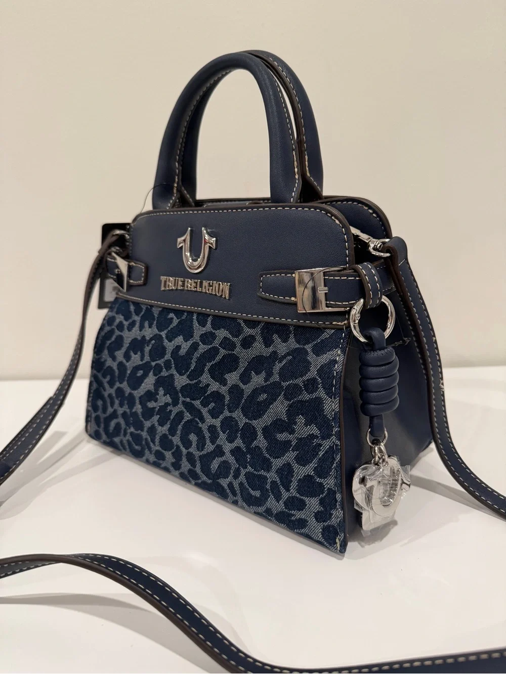 True Religion Women's Navy Leopard Denim Satchel